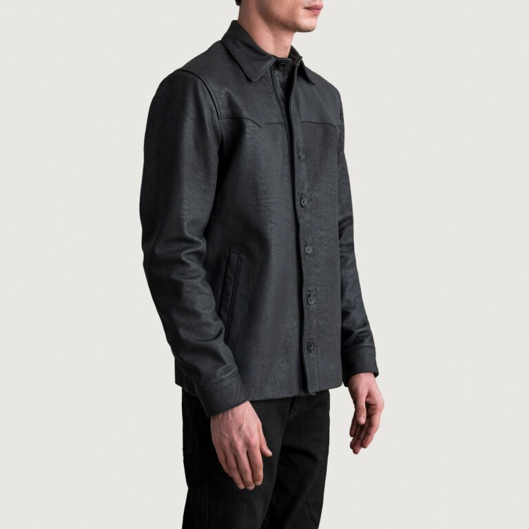 Mens Bronco Tumbled Black Leather Shirt Side Pose-3-1724069037272